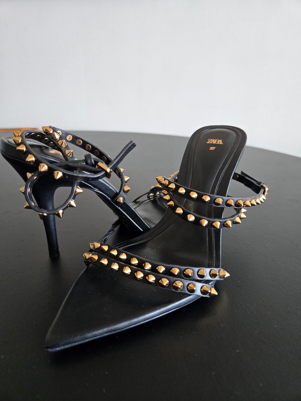ZARA Black Gold Studded Pointed Toe Strappy Heeled Sandals Sz 37 - Picture 6 of 10